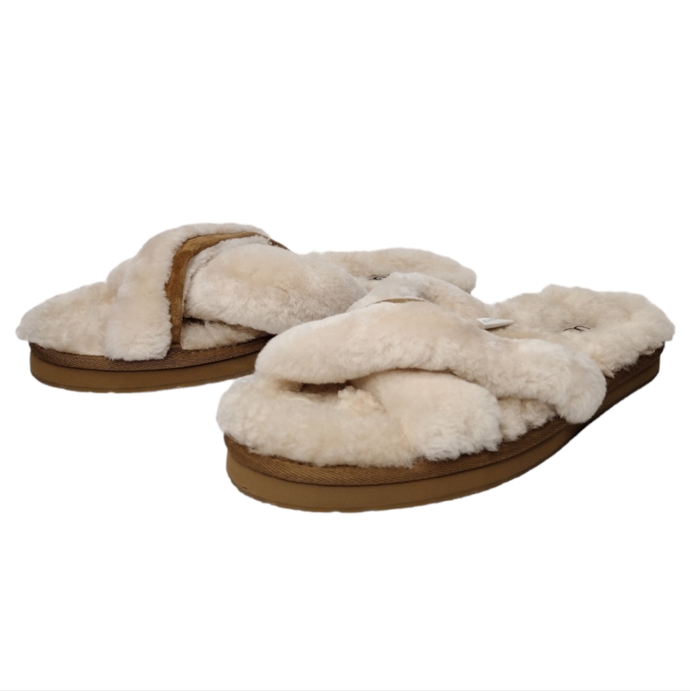 UGG Abela Women's Leather Slipper Fluffy Slide Flat Natural Sandals Size 8